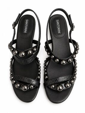 Santorini Bugle Studded Metallic Pebble Sandals Black Size 9.5